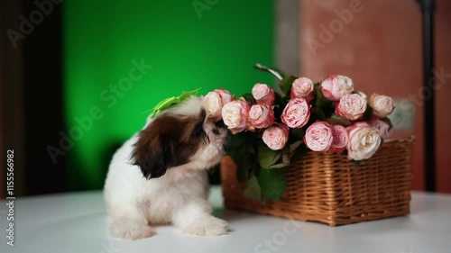 Shih Tzu Puppy Sitting on a white table near a bouquet of flowers. Cute domestic pets