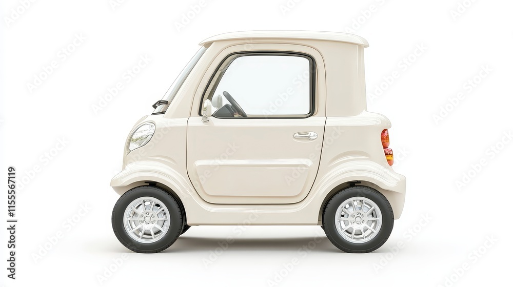 Side view of a small, cream-colored electric car isolated on white background. Side view of a small, cream-colored electric car isolated on white background.