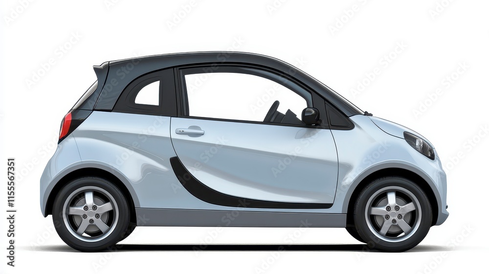 Side view of a small, silver, two-door car with a black roof, isolated on white. Side view of a small, silver, two-door car with a black roof, isolated on white.
