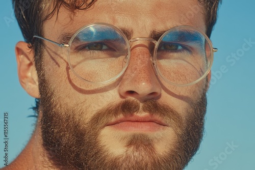A hyper-realistic close-up of a hipster face with a perfectly groomed beard and reflective round glasses, showing intricate textures and warm sunlight highlighting their features