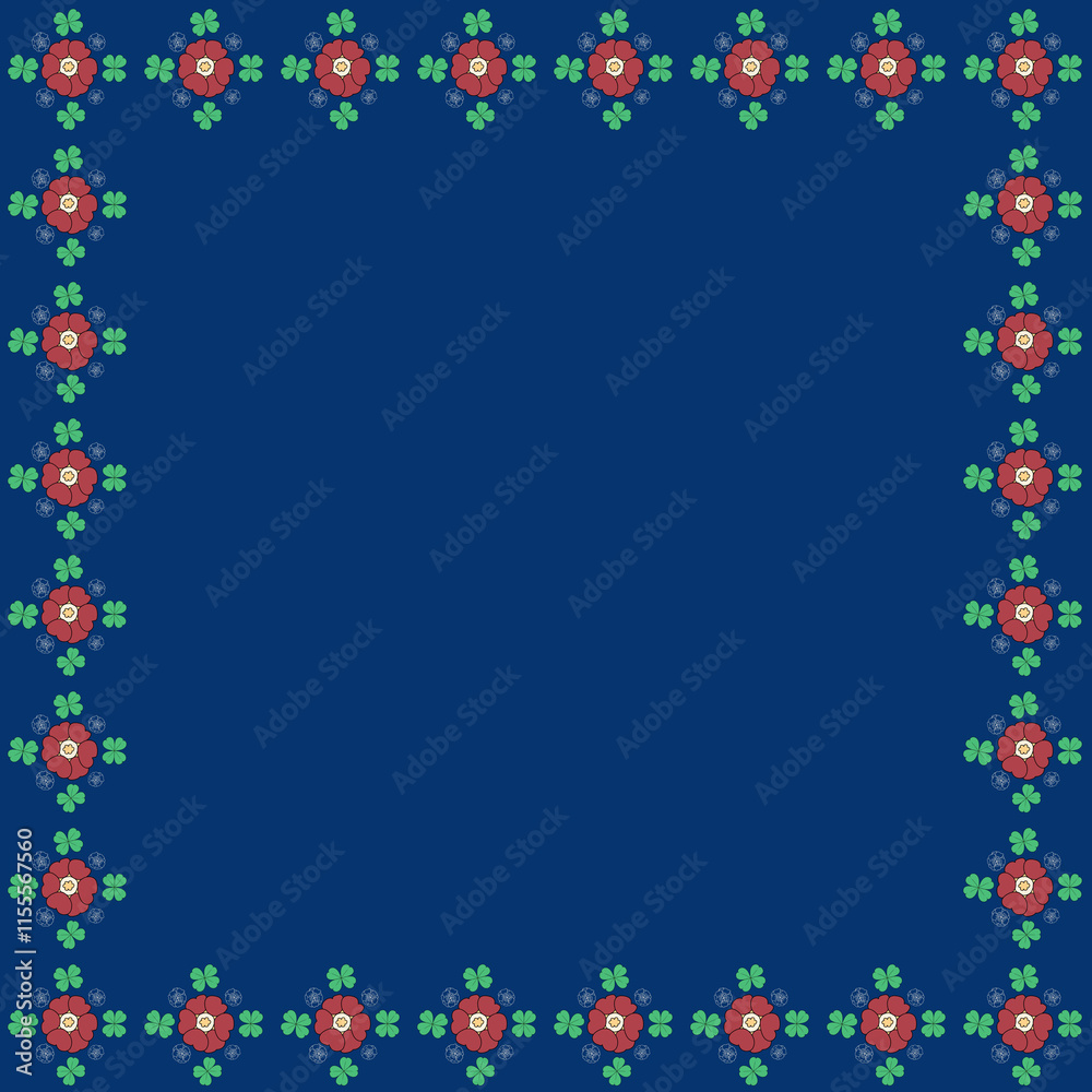 Red Primula Auricula and Clover (Trifolium) pattern illustration on blue background Red Primula Auricula and Clover (Trifolium) pattern illustration on blue background