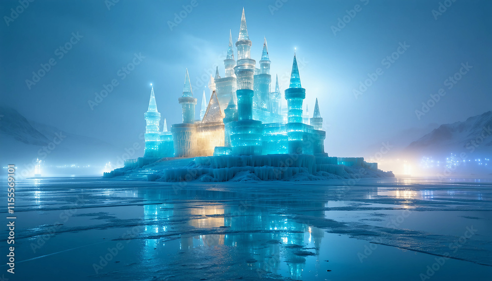 Fototapeta premium A colossal ice castle rising from a frozen lake, its walls glowing faintly with a soft blue and gold