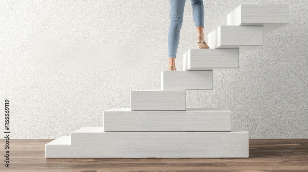 Woman Walking Up Abstract Steps in Modern Indoor Space, Symbolizing Growth and Progress with Bright Background and Stylish Design Elements Woman Walking Up Abstract Steps in Modern Indoor Space, Symbolizing Growth and Progress with Bright Background and Stylish Design Elements