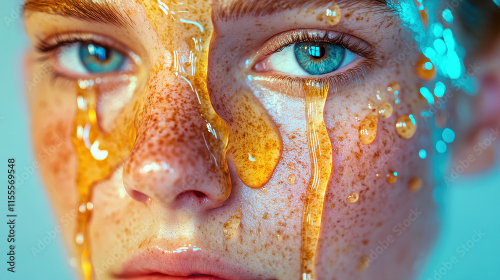 A hyper-realistic portrait of a person with glossy honey-like liquid dripping over their face, vibrant and colorful tones of teal and pink highlights, crystal clear skin A hyper-realistic portrait of a person with glossy honey-like liquid dripping over their face, vibrant and colorful tones of teal and pink highlights, crystal clear skin