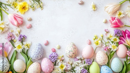 Modern Easter background featuring pastel tones, floral accents, and festive decorations. Perfect for greeting cards, holiday promotions, and creative seasonal designs.  photo