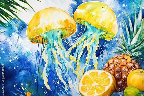 Two Yellow Jellyfish Swim Among Tropical Fruits photo