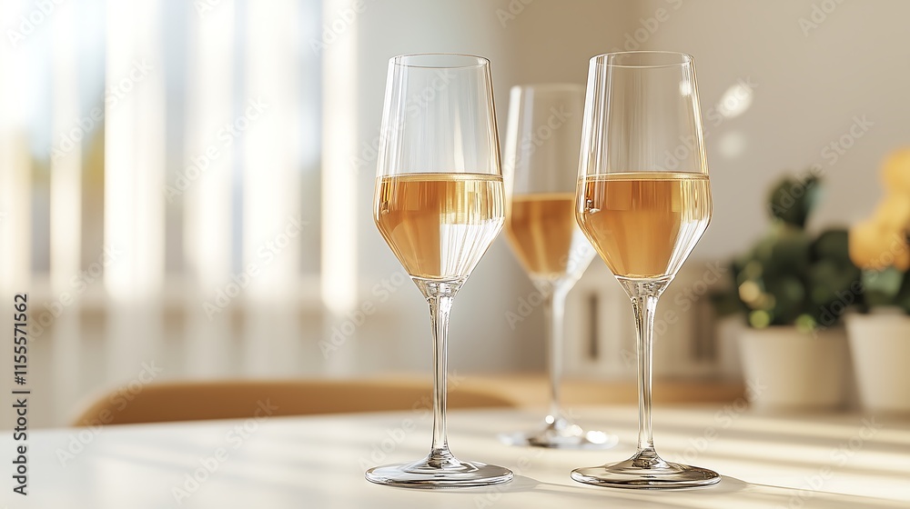Glasses of champagne on a table in a light interior. Copy space background. Glasses of champagne on a table in a light interior. Copy space background.