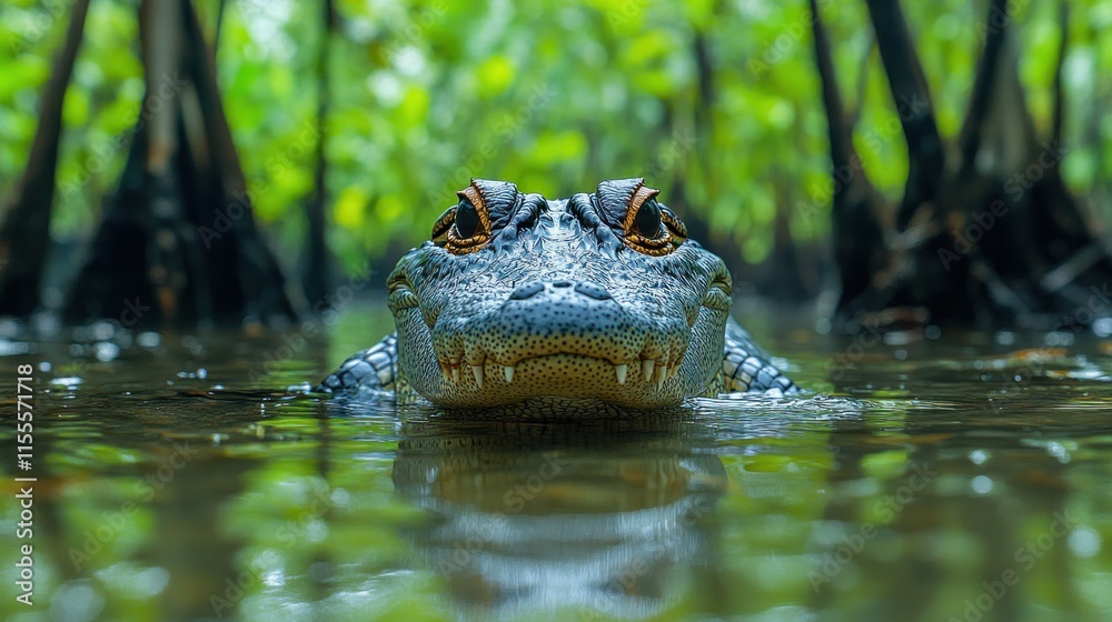Fototapeta premium Alligator head emerging from swamp water, staring directly at the camera.