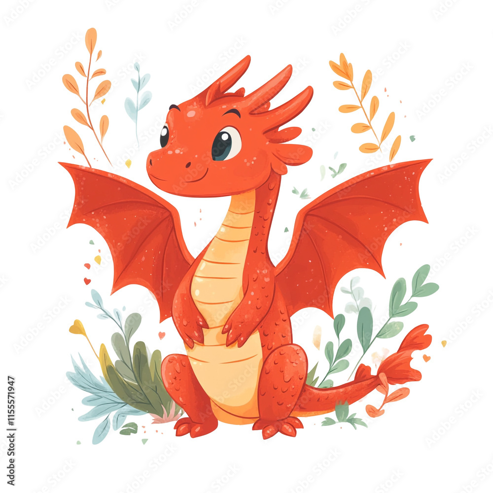 Naklejka premium Adorable Red Dragon in a Floral Garden: A Whimsical Illustration