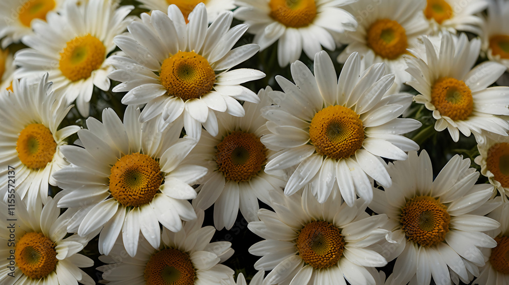 A Close-Up View of a Cluster of Exquisite White Daisies with Golden Centers, Displaying Delicate Petals and Vibrant Hues