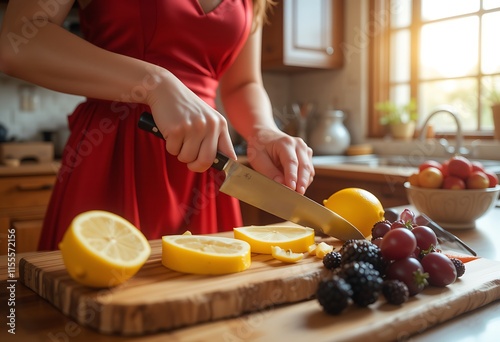 Woman in Red Dress Slicing Lemons for a Healthy Snack. Generative AI