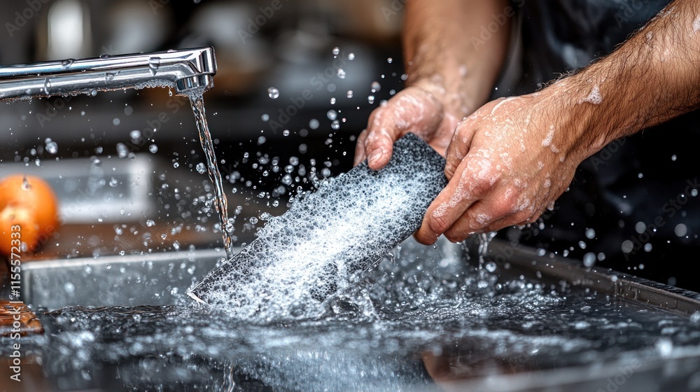 Fototapeta premium Close-up of hands washing a dark gray cutting board under running water in a stainless steel sink.