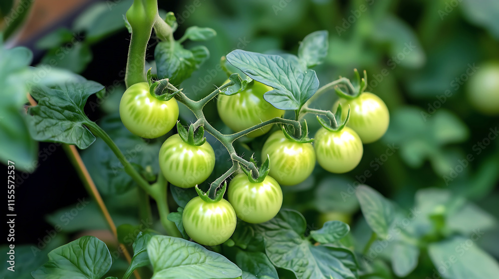 Fototapeta premium Young tomato plant with unripe green tomatoes. Gardening, agriculture theme.