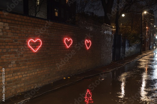 A series of glowing neon Valentine hearts on a dark urban wall, reflecting on a wet pavement during nighttime photo