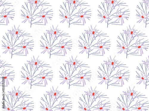 Small wildflowers with red centers and thin branches in repeat pattern. Floral liberty style. Designed for textile, wallpaper, and wrapping paper. Vector flat illustration with seamless background.