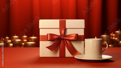 Wooden gift box with an empty card mockup alongside a closed gift box in red color background