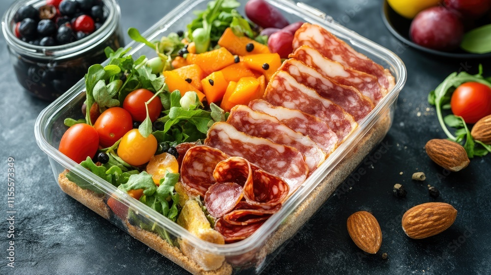 A lunchbox containing a sandwich with bacon, salami, prosciutto, and fresh vegetables, accompanied by a small fruit salad. A lunchbox containing a sandwich with bacon, salami, prosciutto, and fresh vegetables, accompanied by a small fruit salad.