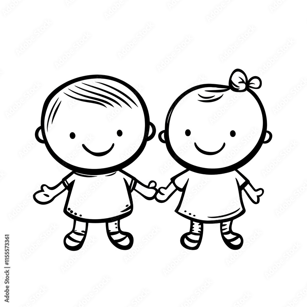 Adorable Sketch: Two Happy Children Holding Hands Adorable Sketch: Two Happy Children Holding Hands