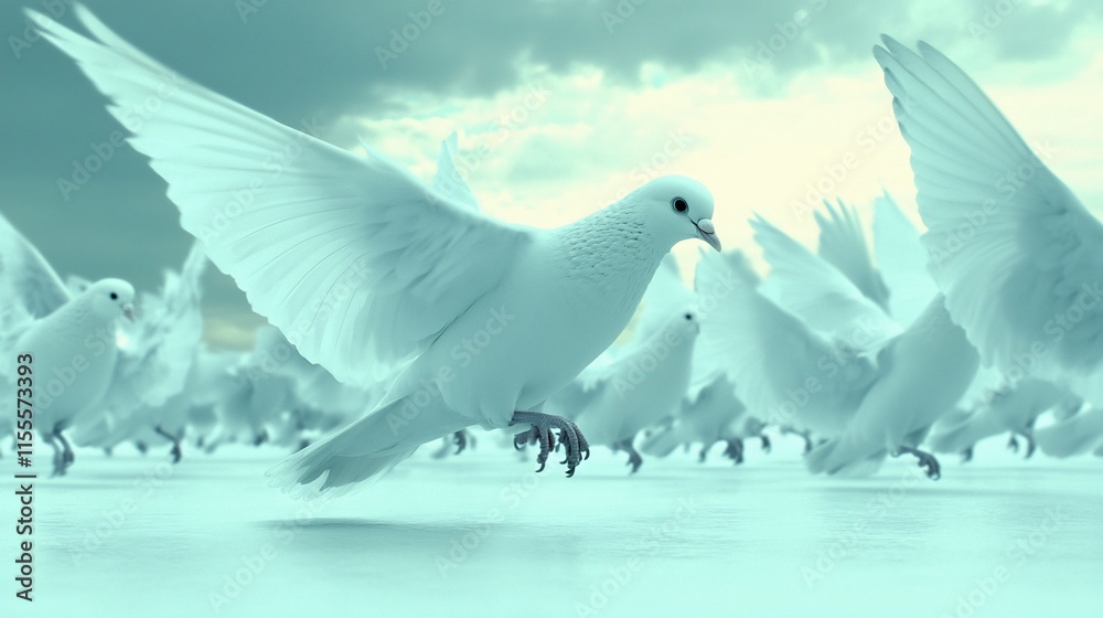 Obraz premium Flock of white doves taking flight, peace, freedom.
