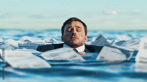 Businessman Struggling in Water Surrounded by Floating Documents, Representing Overwhelm and Stress in Corporate Environment