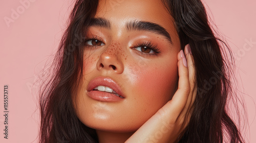 Beauty portrait of a young woman with glowing skin and soft features against a pink background photo