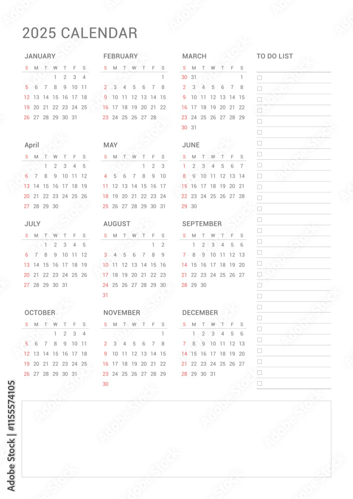 A simple and minimalist style annual template with a 2025 year 12 month calendar. Note, scheduler, diary, calendar, planner design template illustration. A simple and minimalist style annual template with a 2025 year 12 month calendar. Note, scheduler, diary, calendar, planner design template illustration.