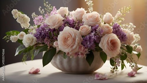 Elegant Pastel Rose and Lilac Floral Arrangement in a Rustic Bowl: A Stunning Table Centerpiece