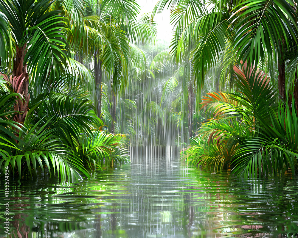 Lush tropical rainforest scene with palm trees flooded by heavy rainfall, creating a tranquil and serene atmosphere. Lush tropical rainforest scene with palm trees flooded by heavy rainfall, creating a tranquil and serene atmosphere.
