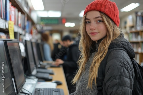 A librarian assisting students at a media center desk. Generative AI
