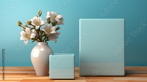 Wooden gift box with an empty card mockup alongside a closed gift box in sky blue color solid background