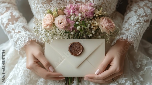 Bride in white lace dress holding envelope with wax seal and bouquet of flowers