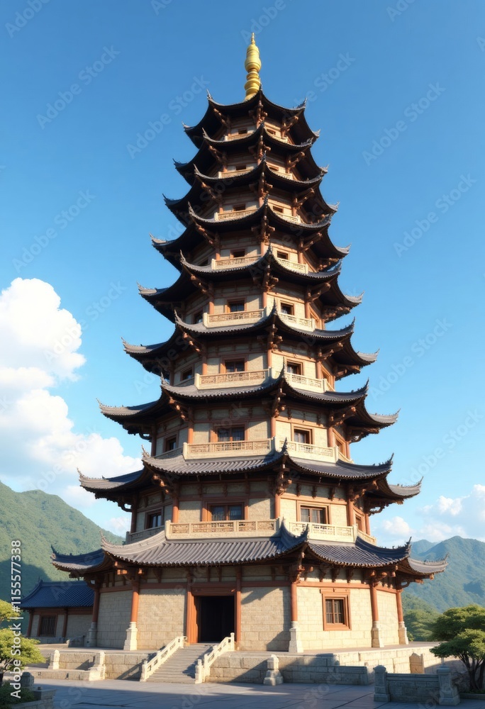 Nine-Story Pagoda Against Mountain Landscape
