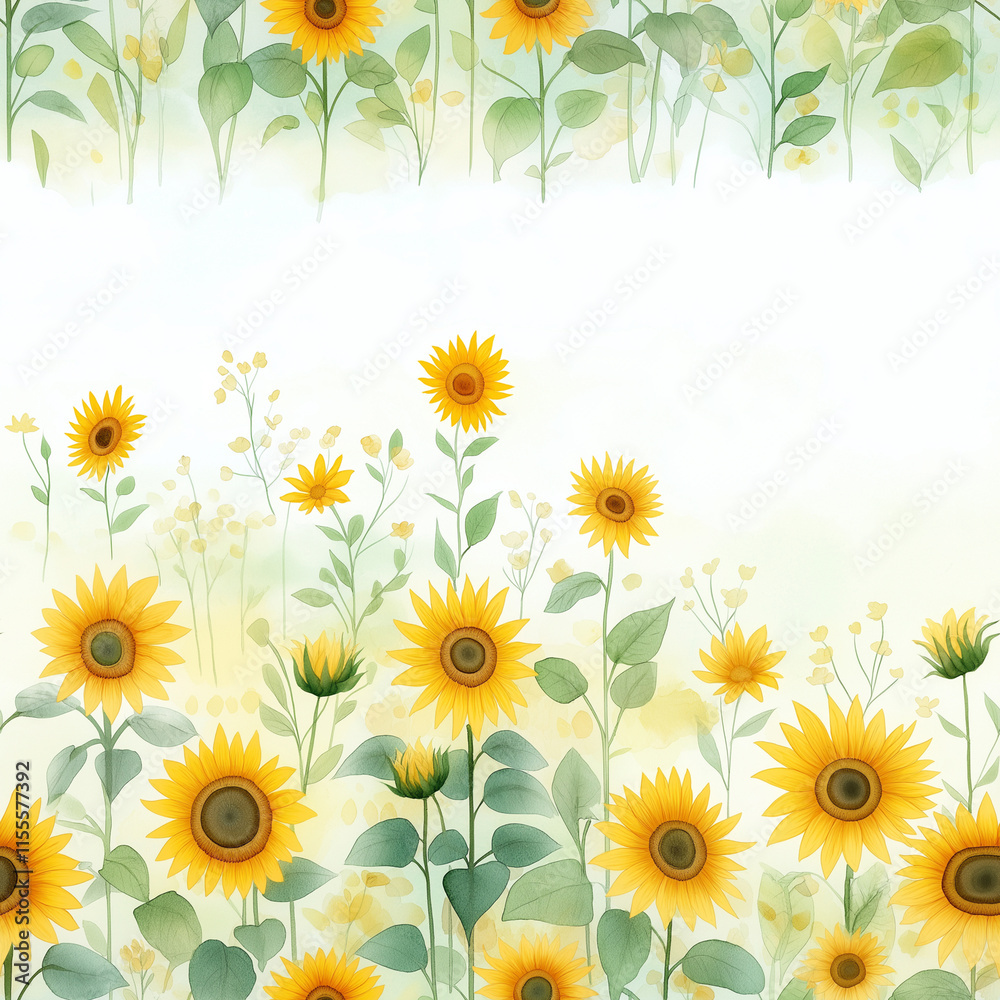 Watercolor painting of a sunflower field under a clear blue sky with golden petals and tall green stems swaying in the breeze on white background, whimsical illustration art style Watercolor painting of a sunflower field under a clear blue sky with golden petals and tall green stems swaying in the breeze on white background, whimsical illustration art style