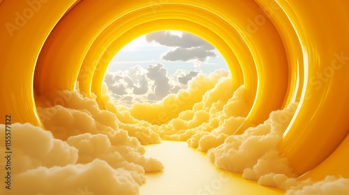 Fototapeta Naklejka Na Ścianę i Meble -  Bright yellow 3D tunnel with clouds flowing outward in an abstract scene