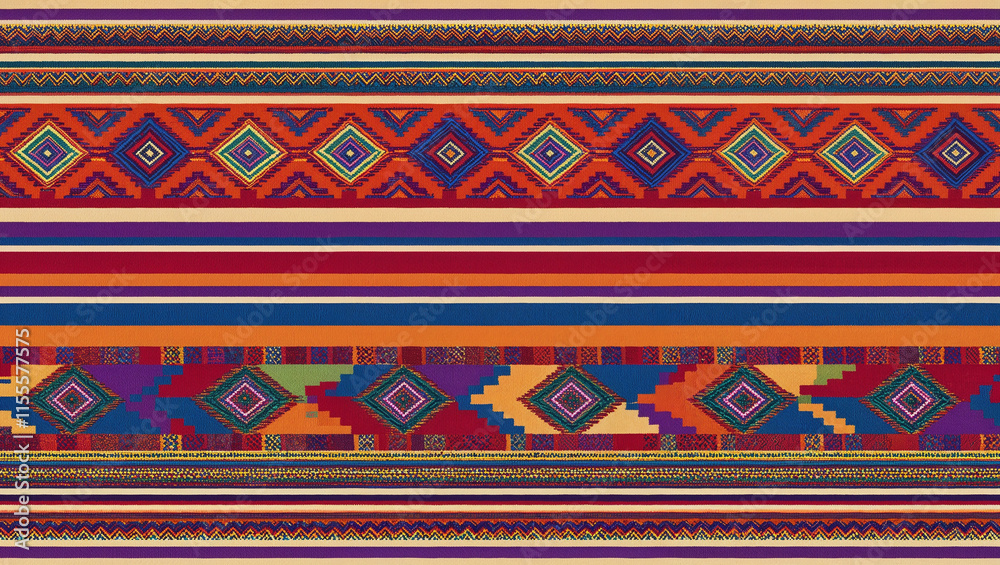 Colorful striped carpet with a pattern of squares and triangles Colorful striped carpet with a pattern of squares and triangles