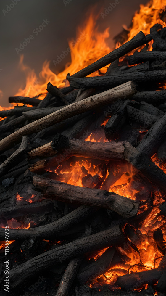 Fiery Inferno: A Close-Up of Burning Wood Embers and Logs Fiery Inferno: A Close-Up of Burning Wood Embers and Logs