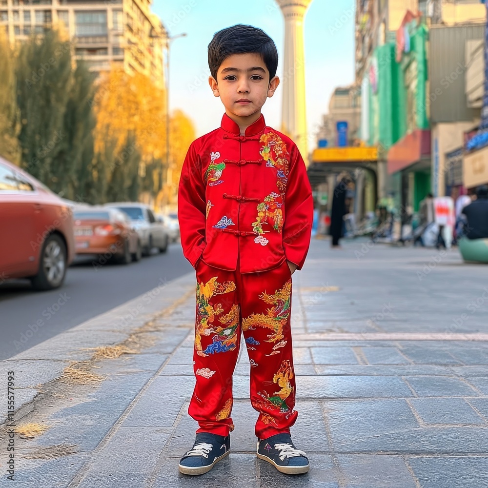 Cute Boy in Traditional Chinese Dragon Outfit - Cultural representa. Cute Boy in Traditional Chinese Dragon Outfit - Cultural representa.