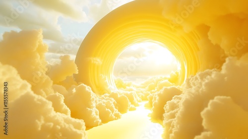 Fototapeta Naklejka Na Ścianę i Meble -  3D abstract yellow environment with soft clouds flying from a large tunnel