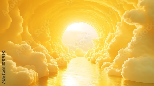 Fototapeta Naklejka Na Ścianę i Meble -  Bright yellow 3D background with soft clouds flying through a distant tunnel