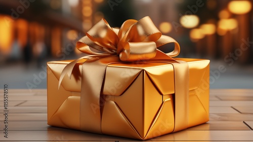 Yellow golden gift box with ribbon. Birthday present mockup. Closed square surprise box. Ideal for promotional campaigns