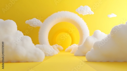 Fototapeta Naklejka Na Ścianę i Meble -  3D minimalistic yellow scene with clouds emerging from a central tunnel