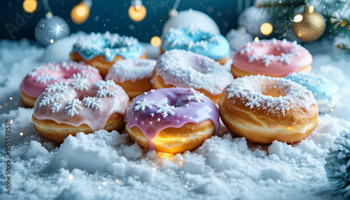  A set of frosted donuts with glowing snowflake designs, placed on a bed of sparkling snow