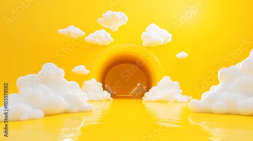 Fototapeta Naklejka Na Ścianę i Meble -  3D minimalistic yellow scene with clouds emerging from a central tunnel