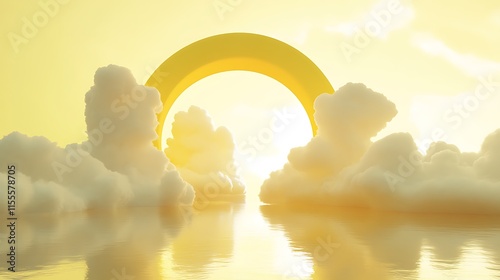 Fototapeta Naklejka Na Ścianę i Meble -  3D minimalistic yellow scene with clouds emerging from a central tunnel