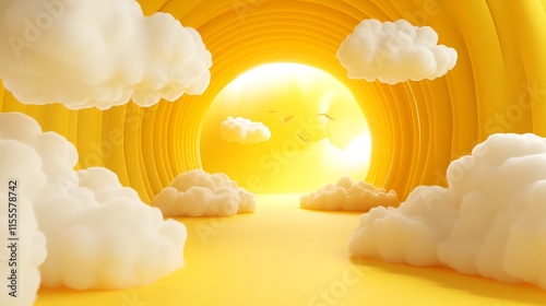 Fototapeta Naklejka Na Ścianę i Meble -  Abstract yellow backdrop with fluffy clouds floating out of a 3D tunnel
