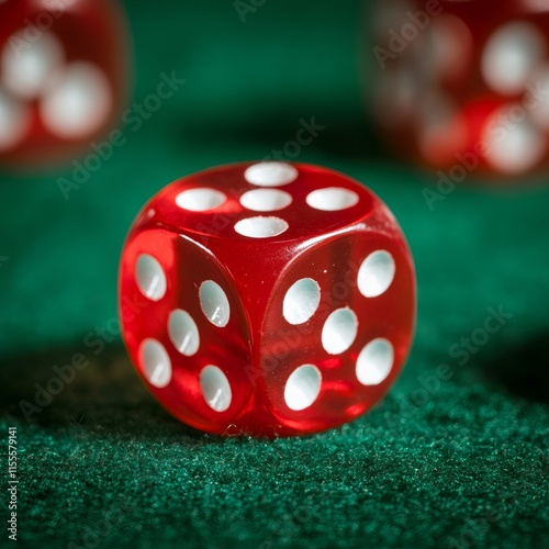 game of chance, a cheater red die on a green casino table showing five pips on its sides