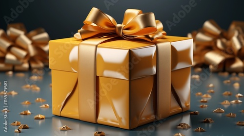 Yellow golden gift box with ribbon. Birthday present mockup. Closed square surprise box. Ideal for promotional campaigns