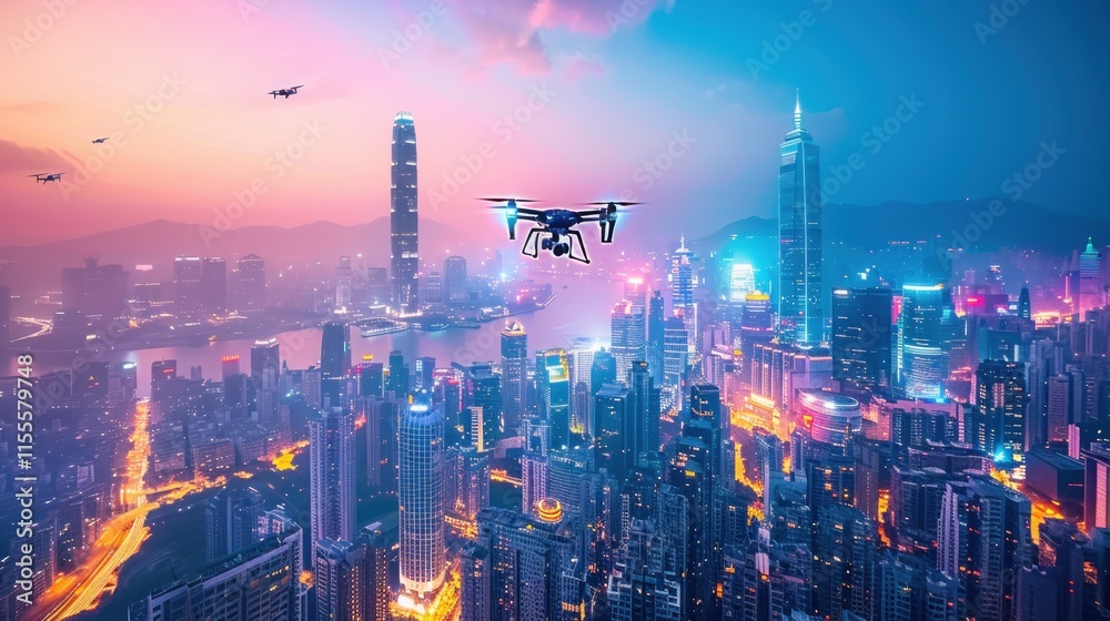 Fototapeta premium Drone Flight Over Hong Kong's Vibrant Cityscape at Dusk