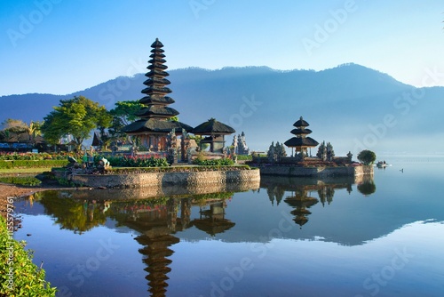 Morning view of Ulun Danu Beratan Temple on the lake. The most iconic and famous temple in Bali surrounded by mountains