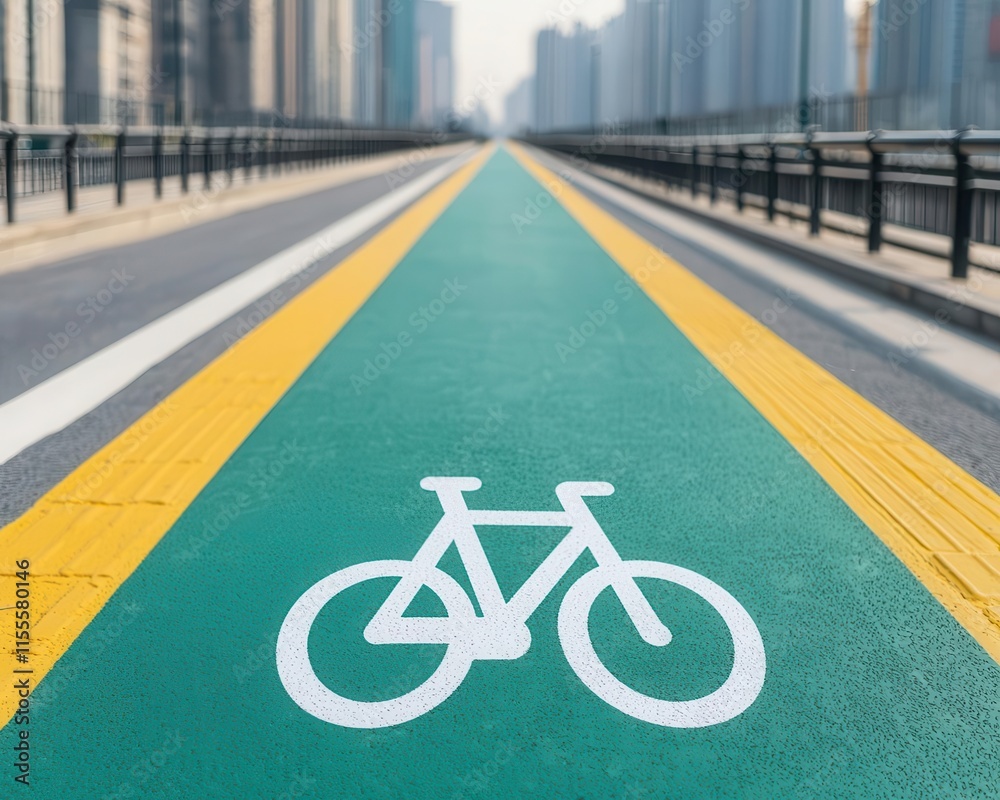 Obraz premium Bicycle lane alongside metro station, highrise background, sustainable public and private transport